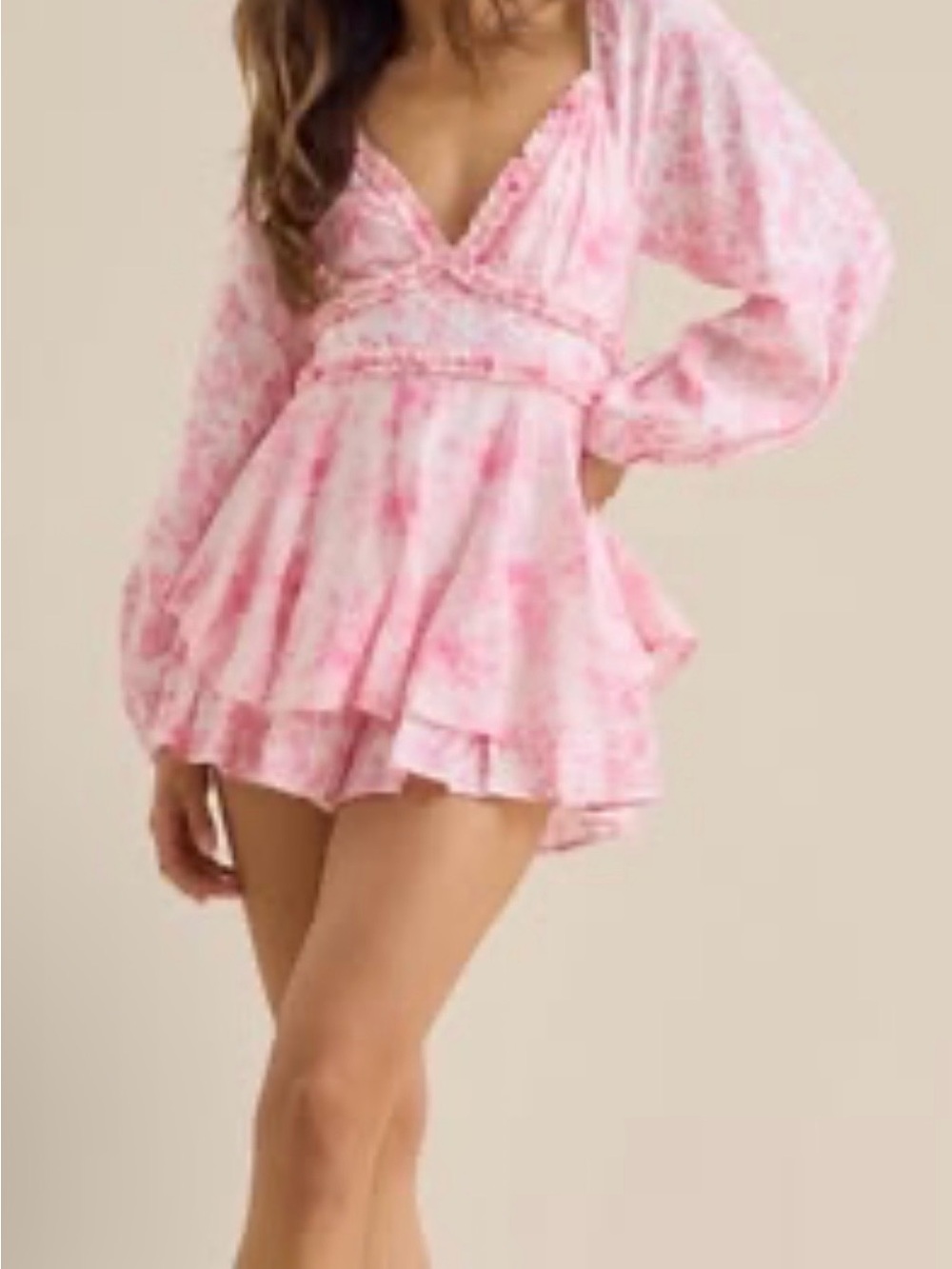 ASTR Pink Floral Deep-V Long Sleeve Romper